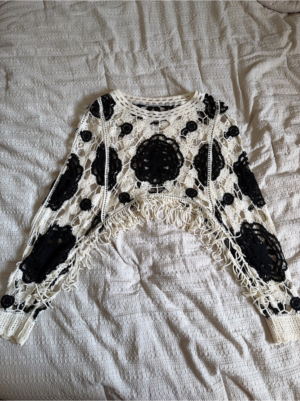 Crochet Fringe Crop Sweater - Black and Cream